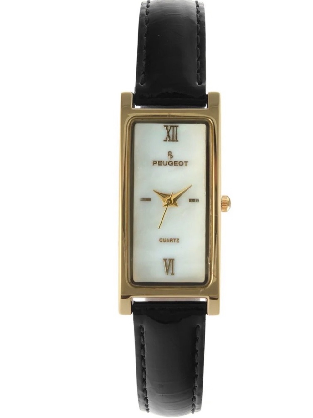 Peugeot Gold-Tone Rectangular Watch with Black Strap and Mother-of-Pearl Dial